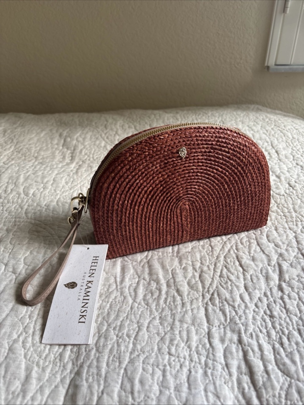 NWT Helen Kaminski Lina Pochette Raffia Leather Clutch Wristlet Half Moon